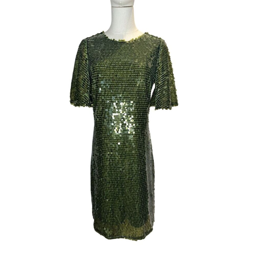 Flora Bea Women's M Green Sequin Midi Cocktail Dress Short Sleeve